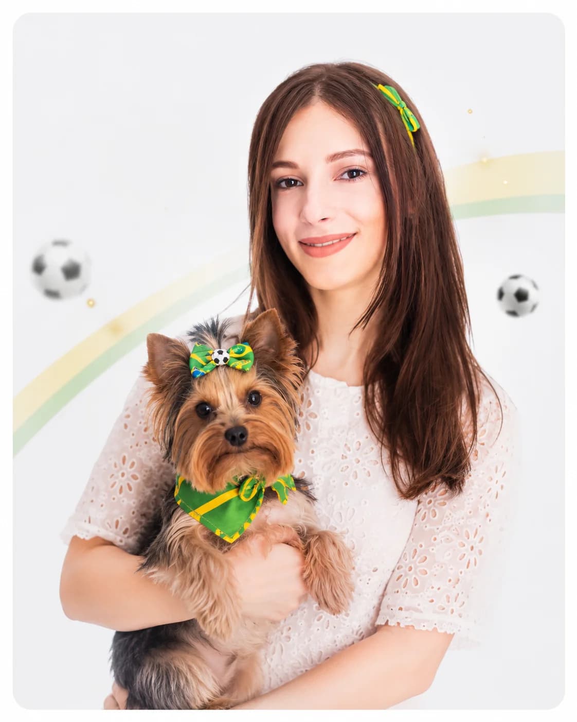 Tutora abraçando seu cachorro Yorkshire